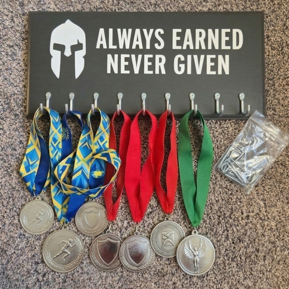 Always Earned, Never given Runners Wooden Plaque medal hanger w Hooks 16 x 7
